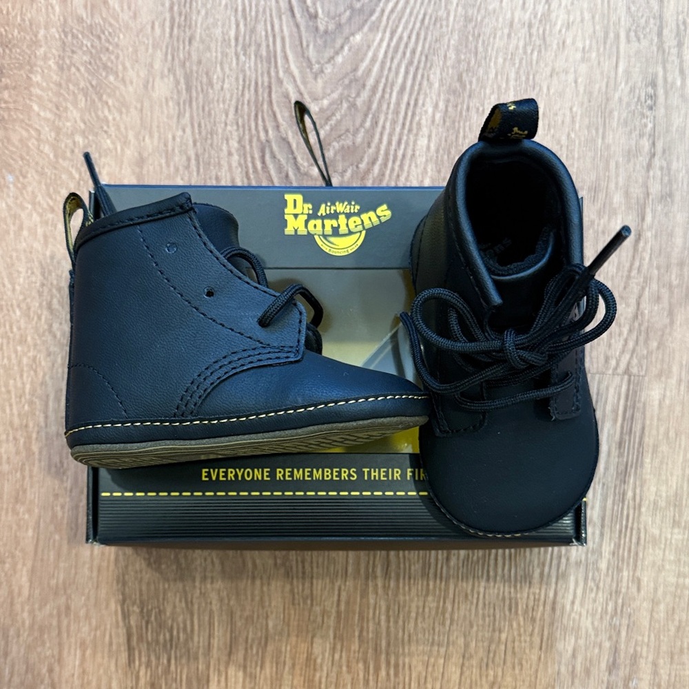 Dr. Martens Kids Black Lace-Up First Boot with Yellow Stitch Detail
